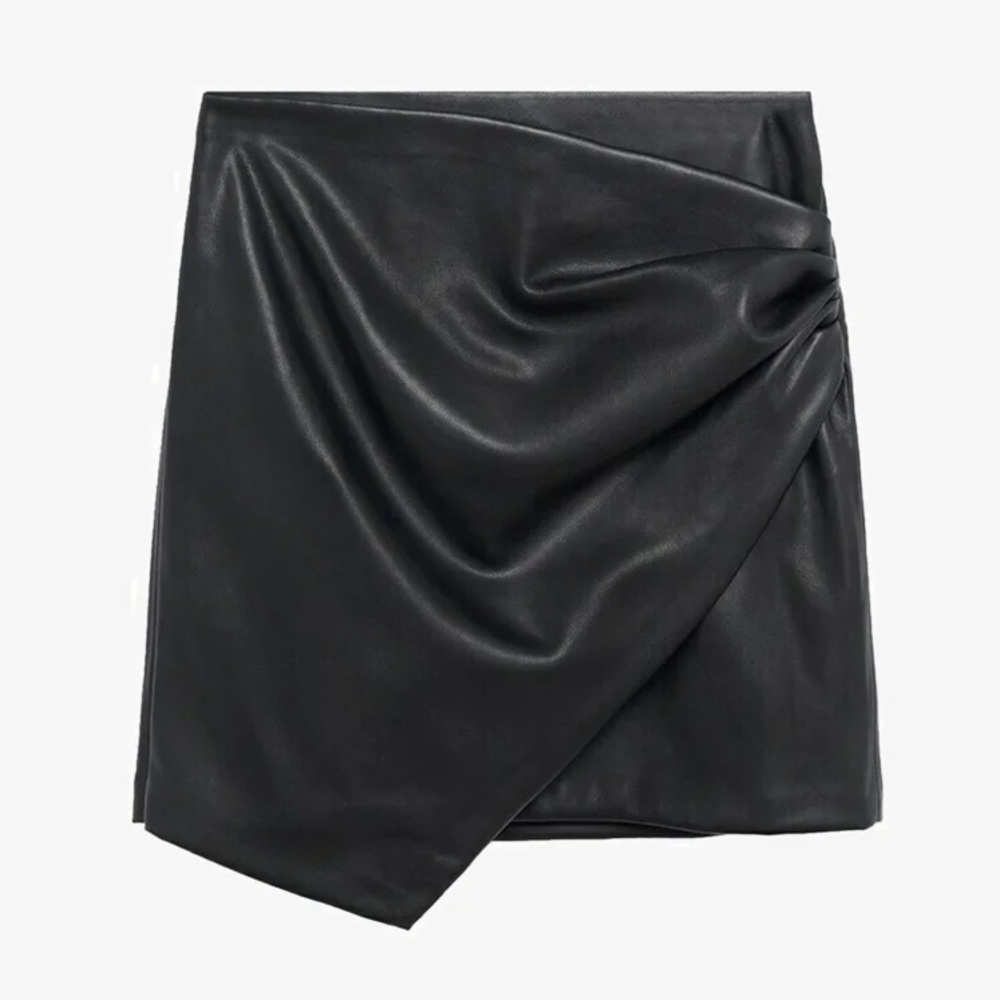 Mango - Black Faux-Leather Draped Skirt – Size Medium